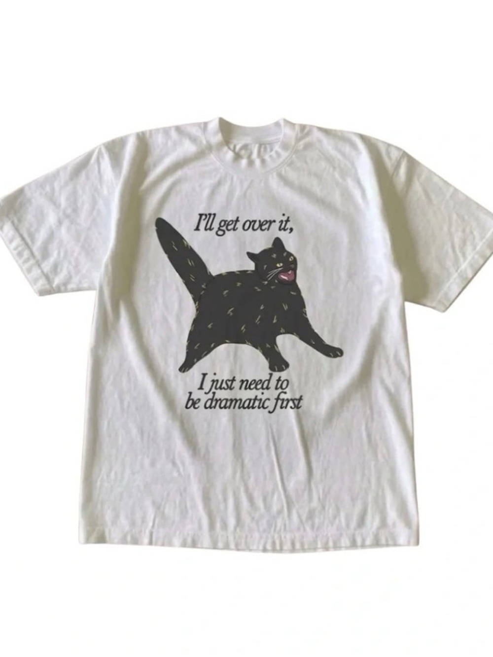 White Tee with Black Cat Graphic and Pink Accent